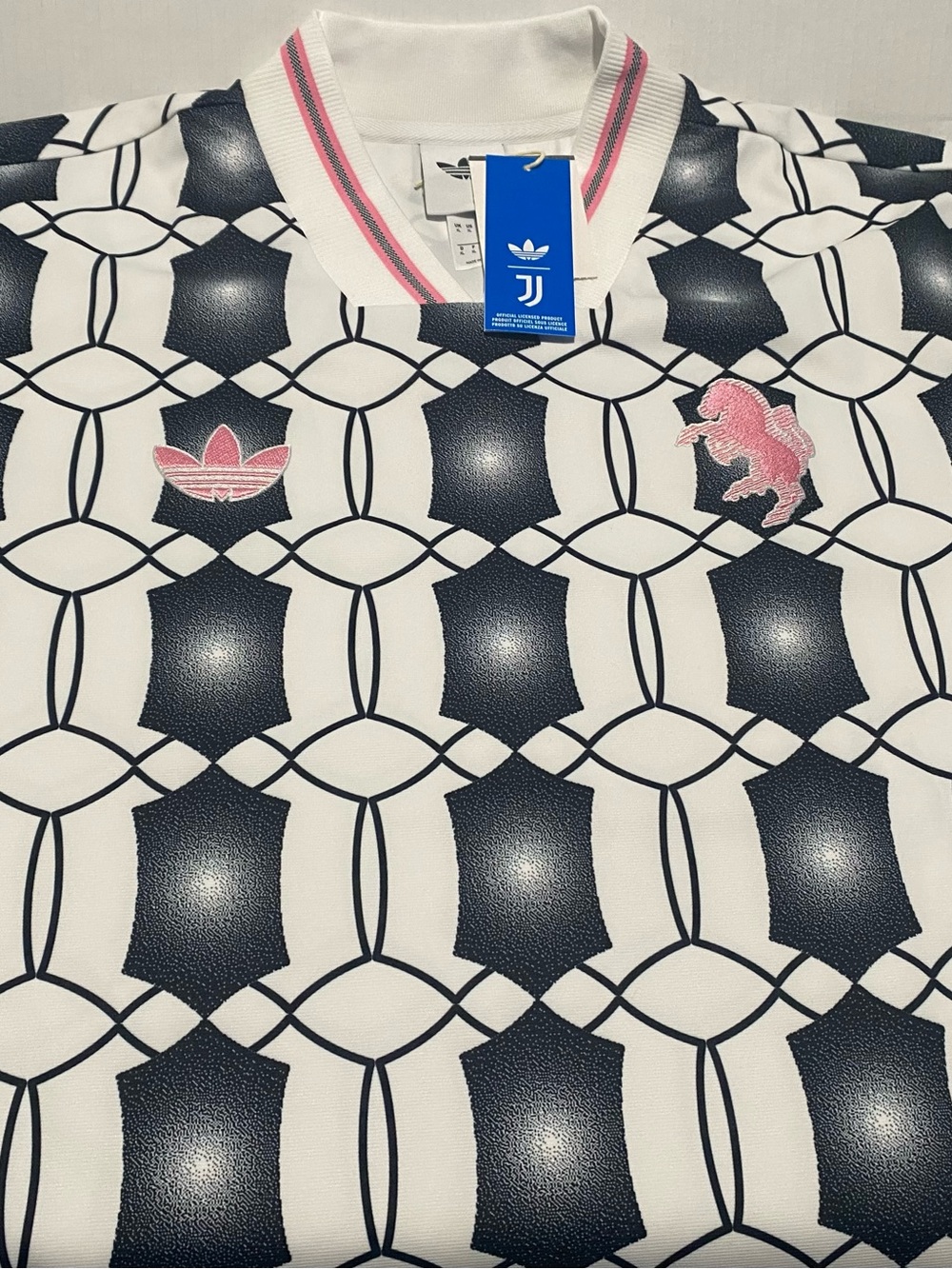 adidas White Black Geometric Jersey with Pink Accents